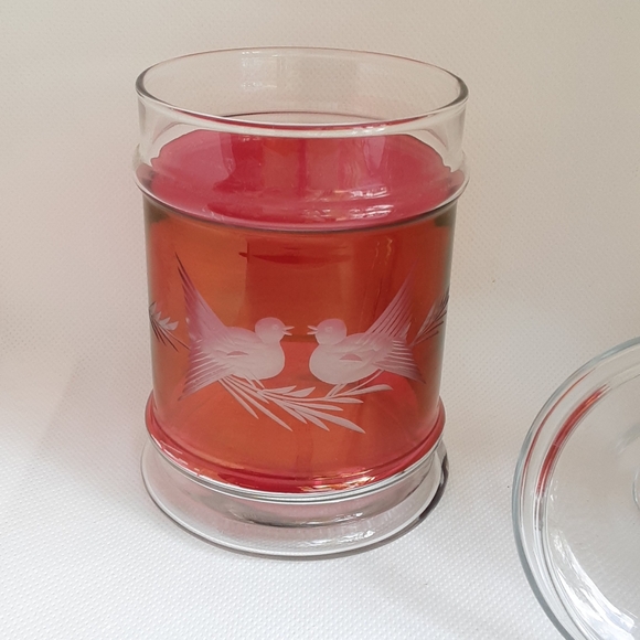 Vintage Etched Cranberry Flash Glass Jar Doves Birds - Picture 3 of 12